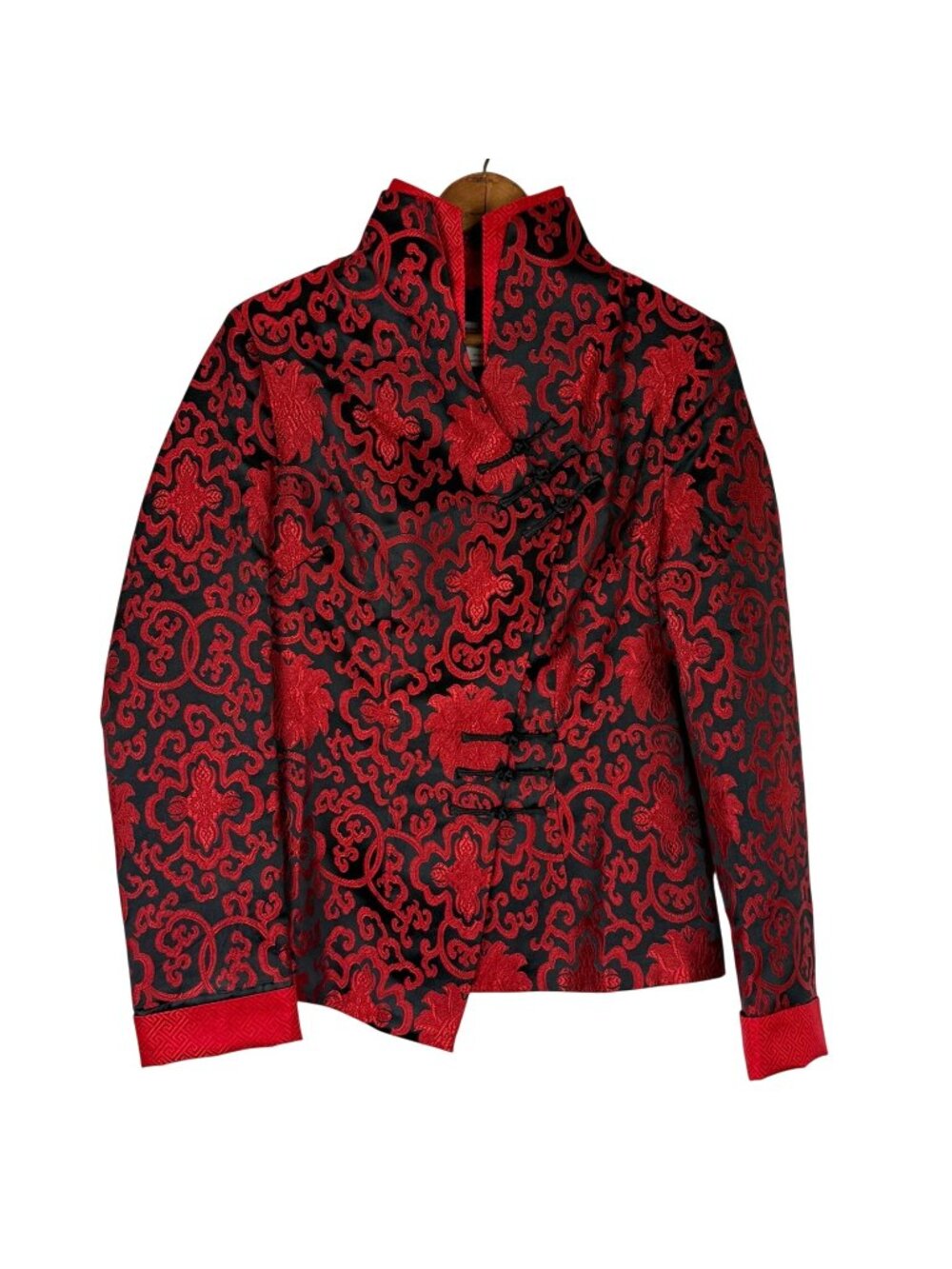 Asian Trends Women's Silk Brocade Jacket Medium Frog Closure Bias Cut Red Black
